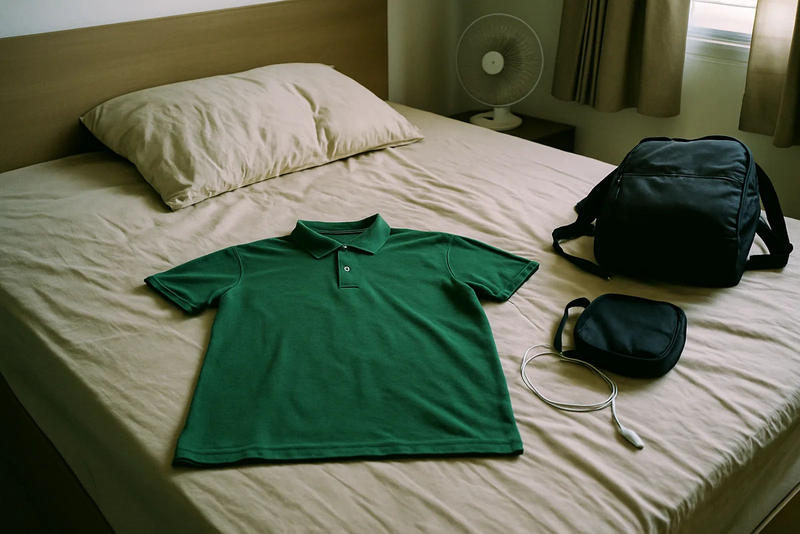ภาพประกอบเสื้อโปโลสีเขียววางเตรียมใส่บนเตียงข้างกระเป๋าทำงาน