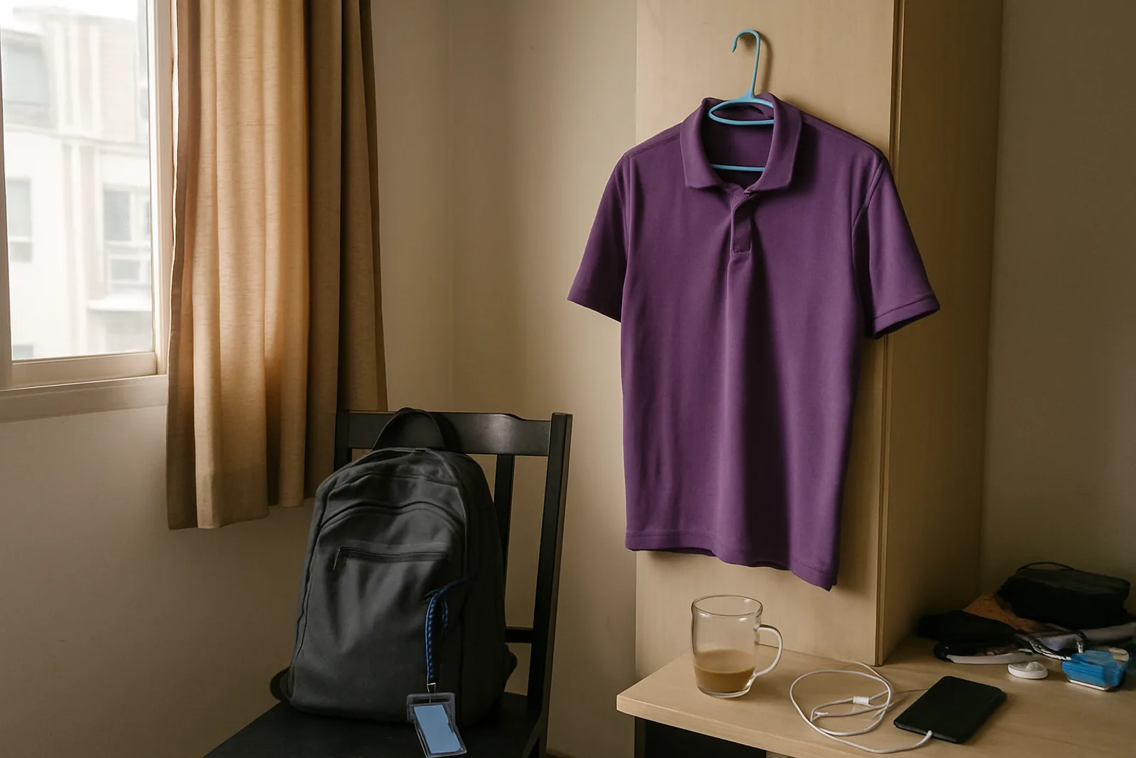 ภาพประกอบเสื้อโปโลสีม่วงแขวนเตรียมไว้ใส่ไปทำงานเช้าวันจันทร์