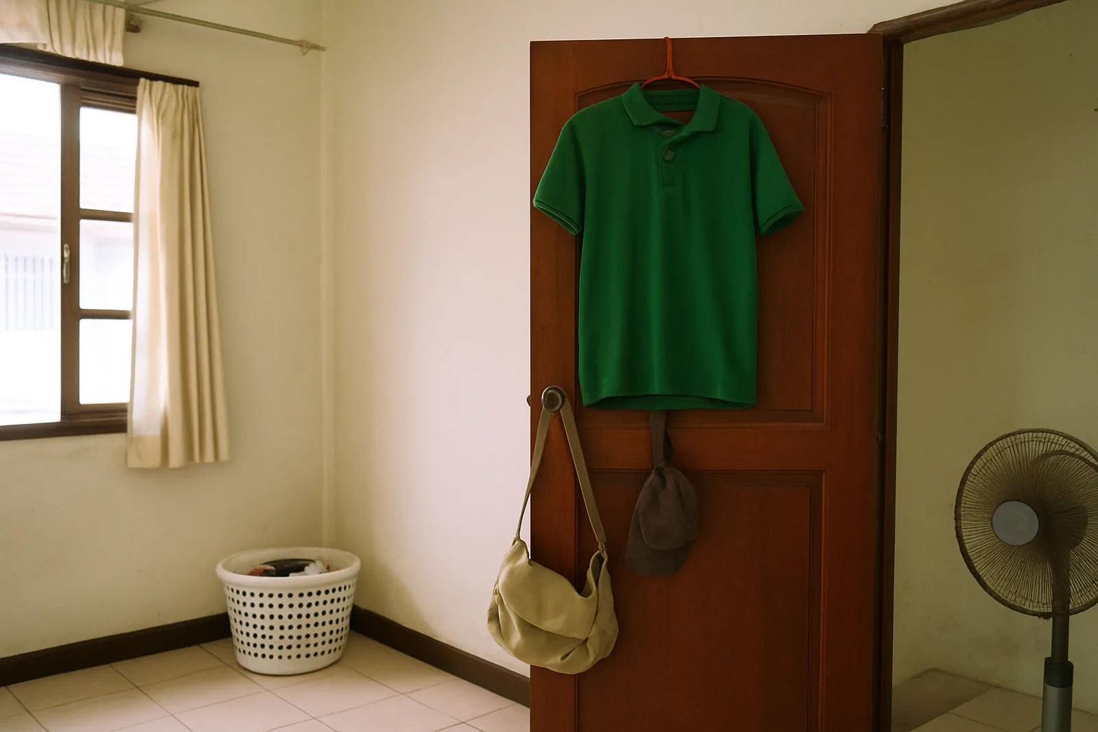 ภาพประกอบเสื้อโปโลสีเขียวแขวนบนราวผ้าข้างประตูห้องในเช้าวันอาทิตย์