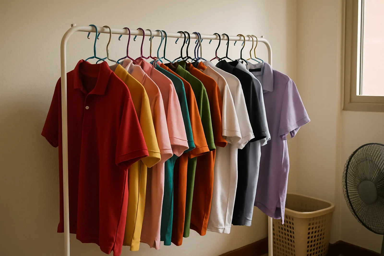 ภาพประกอบราวแขวนเสื้อโปโลและเสื้อยืดหลายสีในห้องนอน
